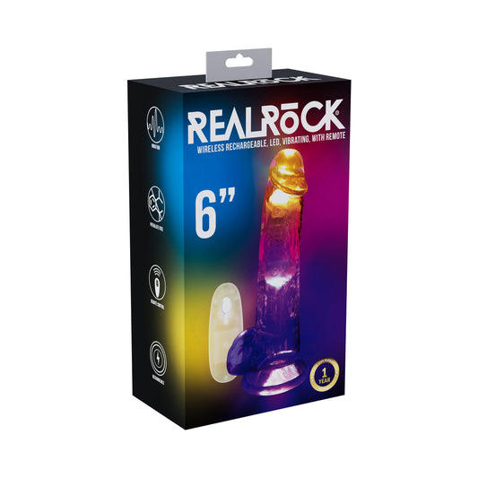 SHOTS - REALROCK WIRELESS RECHARGEABLE REMOTE CONTROL LED VIBRATING 6 IN. DILDO WITH BALLS CLEAR