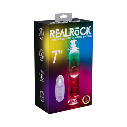 SHOTS - REALROCK WIRELESS RECHARGEABLE REMOTE CONTROL LED VIBRATING 7 IN. DILDO CLEAR