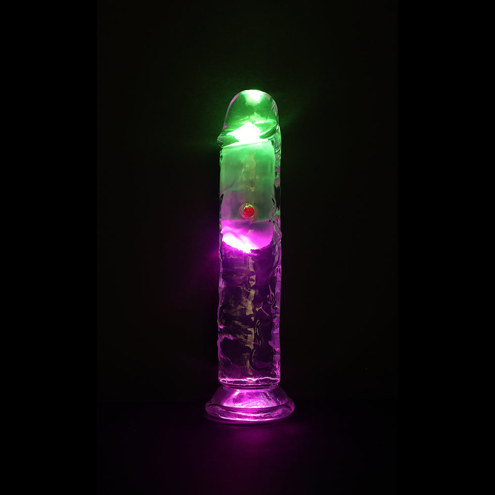 SHOTS - REALROCK WIRELESS RECHARGEABLE REMOTE CONTROL LED VIBRATING 7 IN. DILDO CLEAR