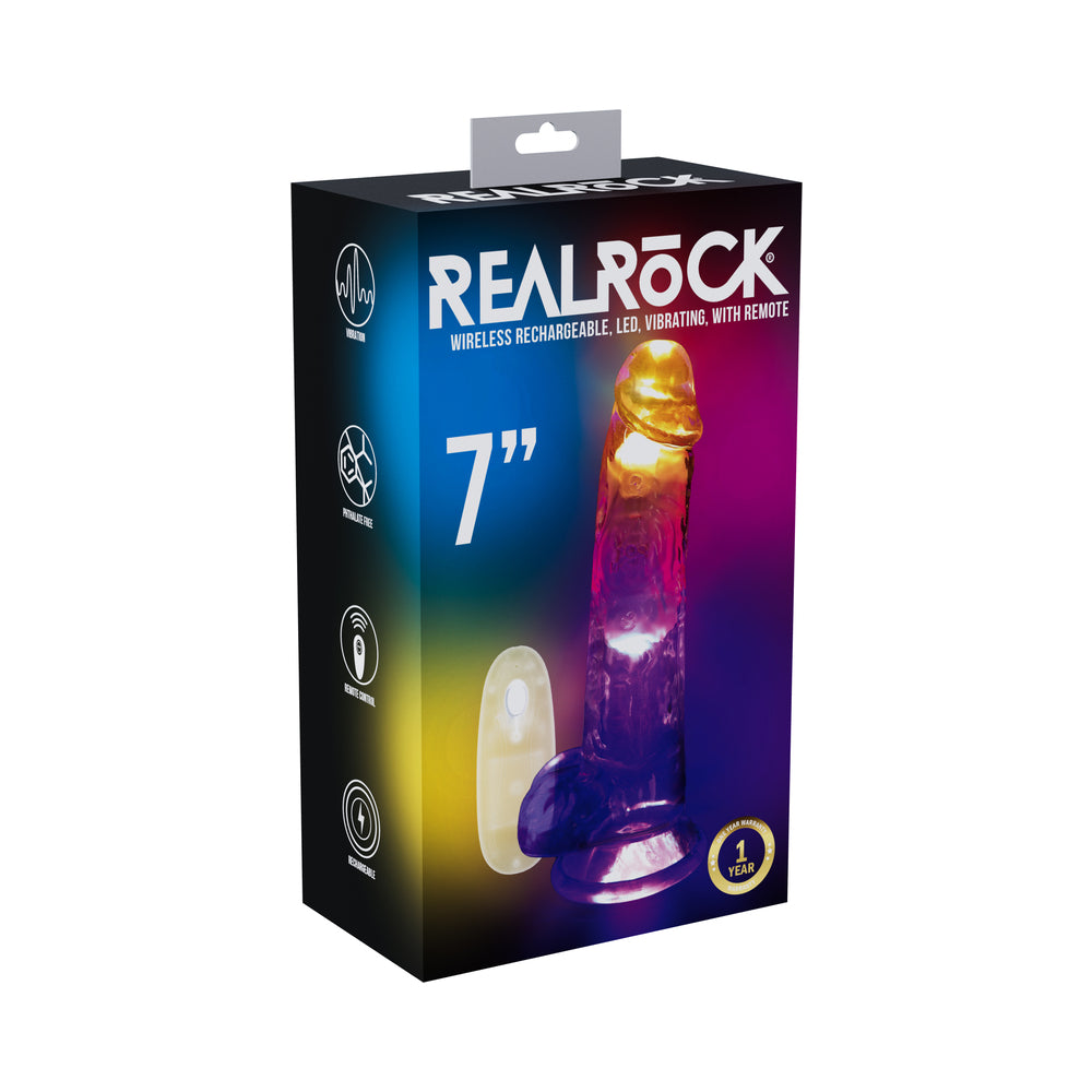 SHOTS - REALROCK WIRELESS RECHARGEABLE REMOTE CONTROL LED VIBRATING 7 IN. DILDO WITH BALLS CLEAR