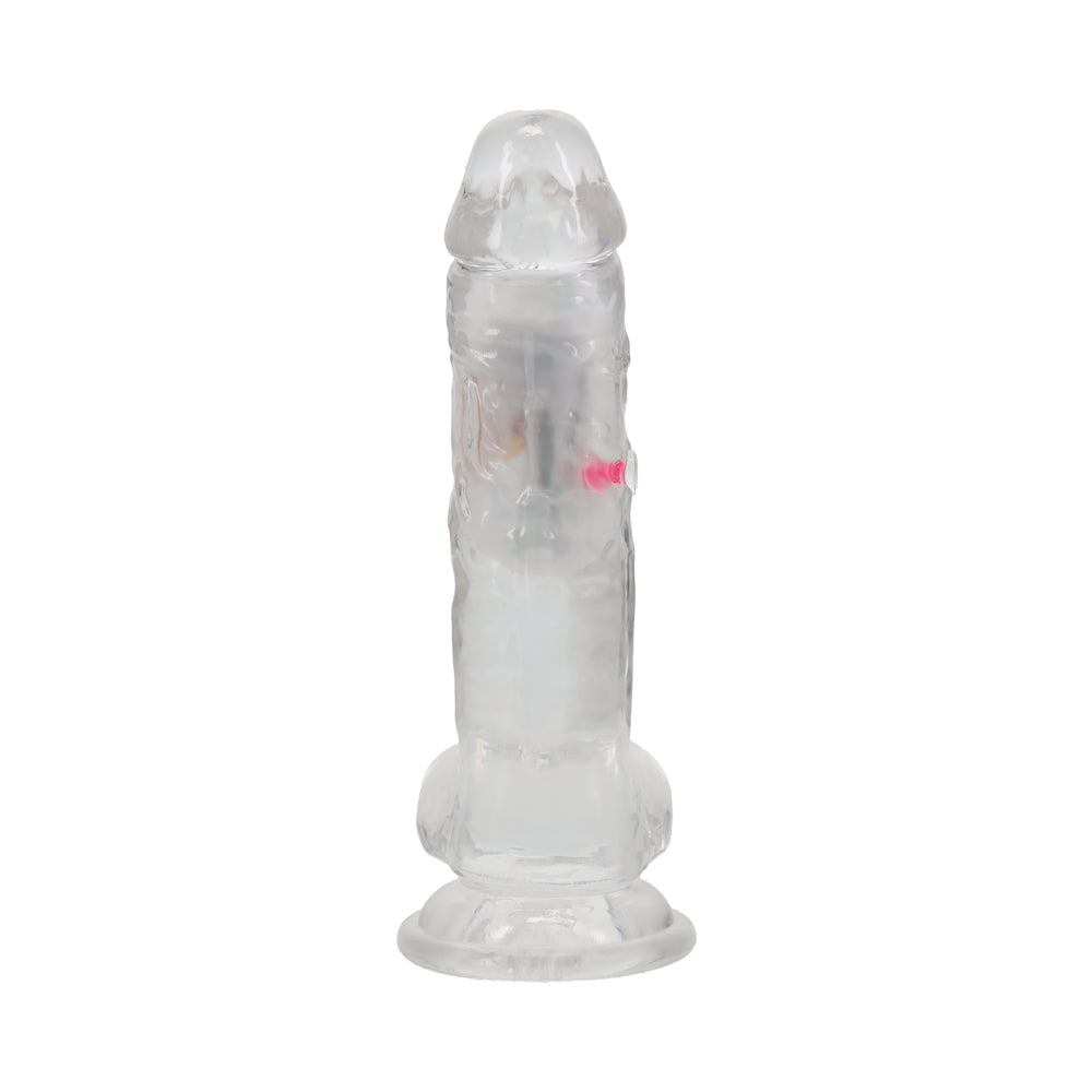 SHOTS - REALROCK WIRELESS RECHARGEABLE REMOTE CONTROL LED VIBRATING 7 IN. DILDO WITH BALLS CLEAR
