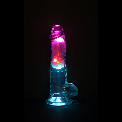 SHOTS - REALROCK WIRELESS RECHARGEABLE REMOTE CONTROL LED VIBRATING 7 IN. DILDO WITH BALLS CLEAR