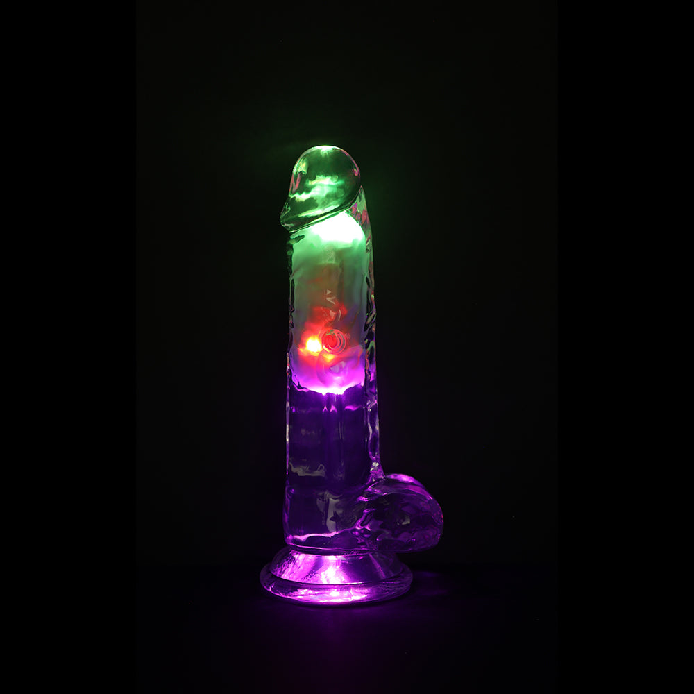 SHOTS - REALROCK WIRELESS RECHARGEABLE REMOTE CONTROL LED VIBRATING 7 IN. DILDO WITH BALLS CLEAR