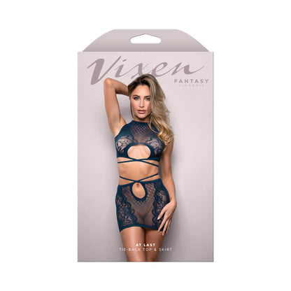LINGERIE FANTASIA - VIXEN AT LAST TOP E SAIA DE MALHA COM RENDA FLORAL E ATAR NAS COSTAS