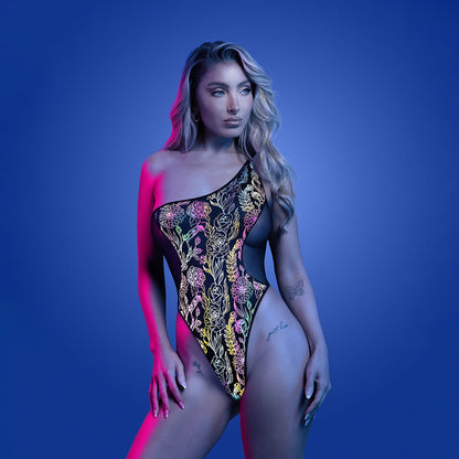 FANTASY LINGERIE - GLOW LUMINESCENT FLORAL PRINT SHOULDER TEDDY