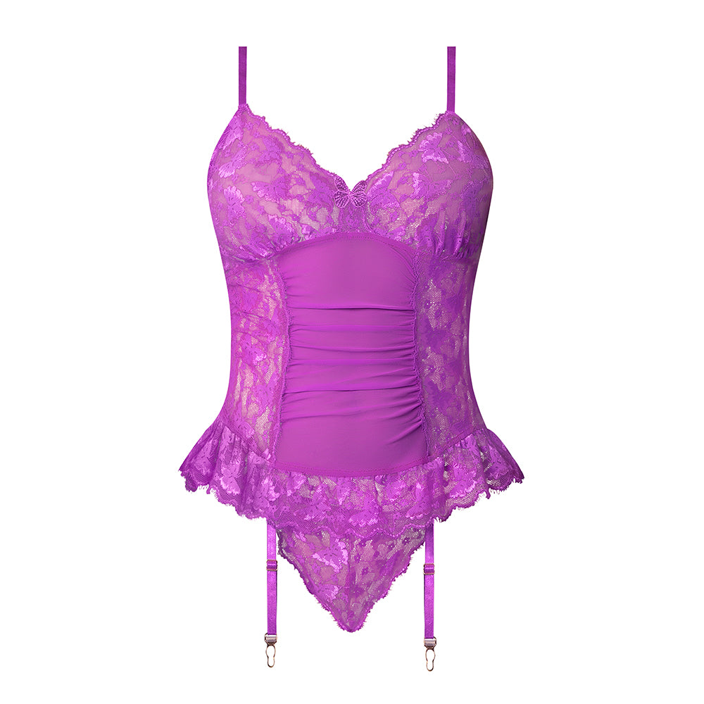 MAGIC SILK - BUTTERFLY FANTASIES BASQUE & CHEEKY PANTY SET NEON PURPLE S/M