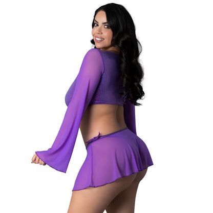 MAGIC SILK - GLIMMER LS CROP TOP MINI SKIRT & TIE SIDE THONG DISCO