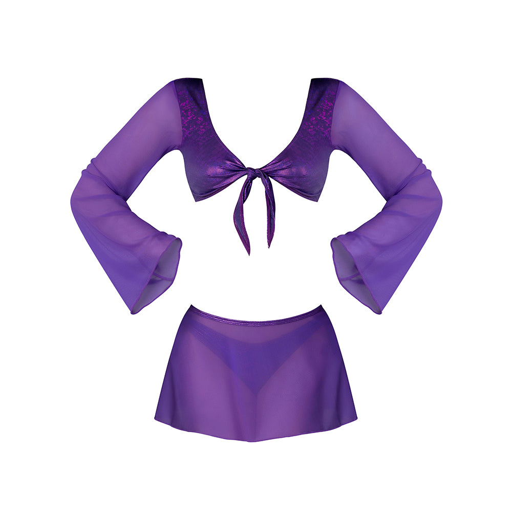 MAGIC SILK - GLIMMER LS CROP TOP MINI SKIRT & TIE SIDE THONG DISCO
