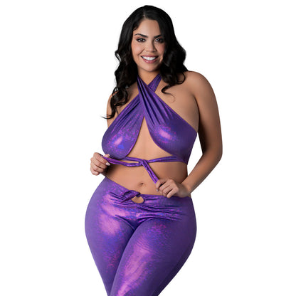 MAGIC SILK - CONJUNTO DE TOP HALTER E CALÇAS FLAIR GLIMMER WRAP DISCO