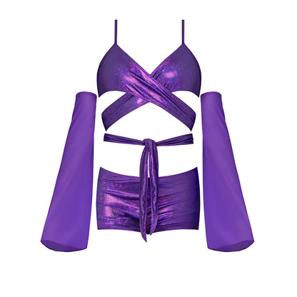 MAGIC SILK - GLIMMER WRAP BRALETTE, BOOTY SHORTS & SLEEVE SET DISCO