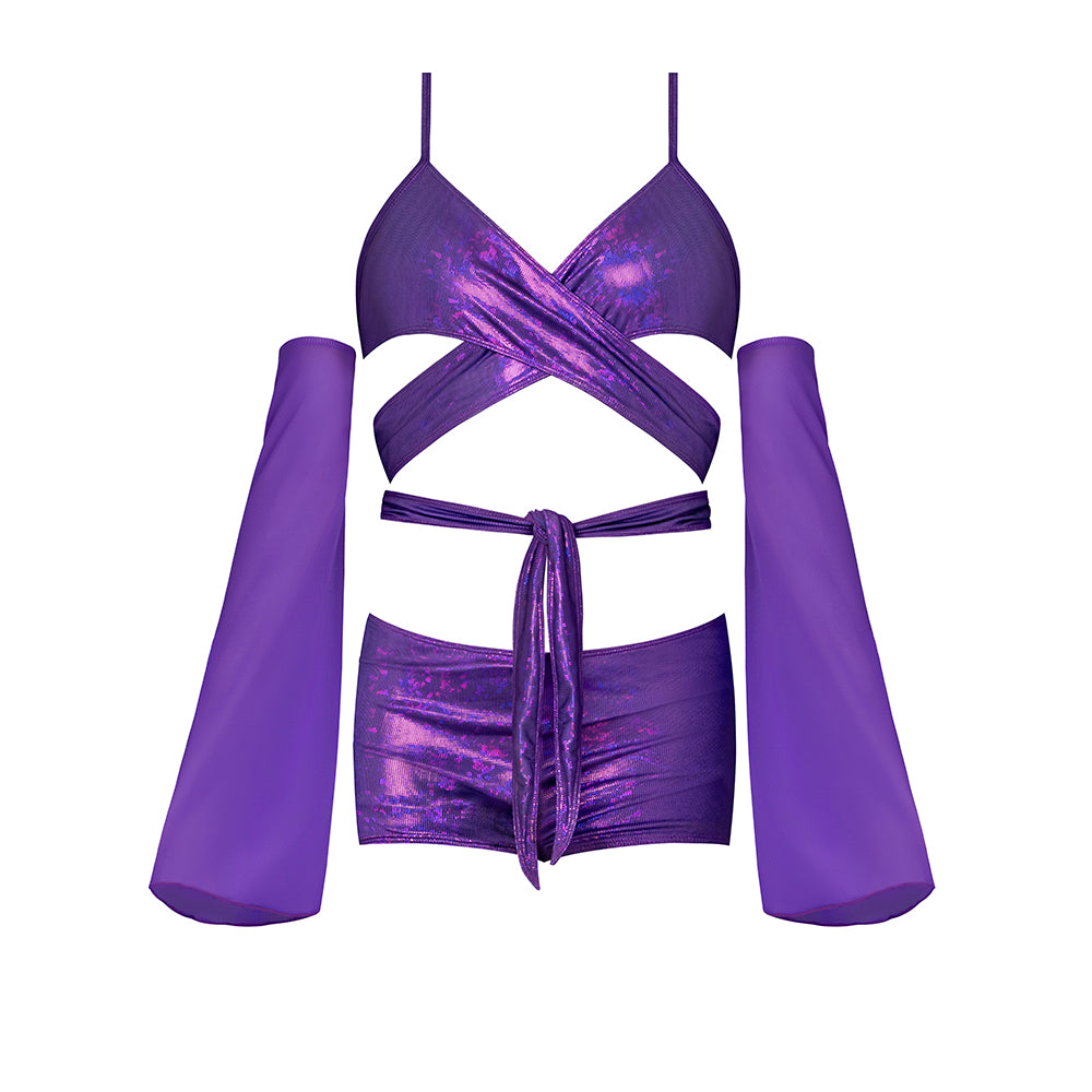 MAGIC SILK - GLIMMER WRAP BRALETTE, BOOTY SHORTS & SLEEVE SET DISCO