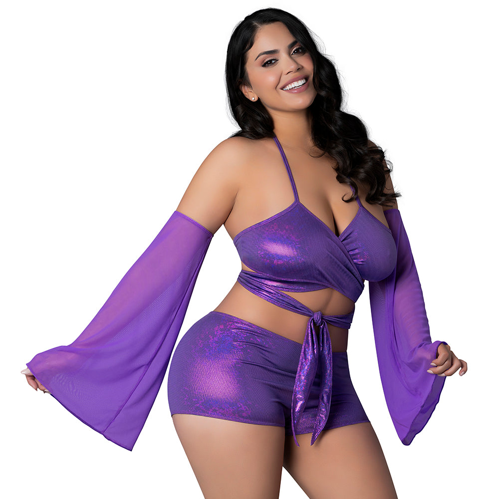 MAGIC SILK - GLIMMER WRAP BRALETTE, BOOTY SHORTS & SLEEVE SET DISCO
