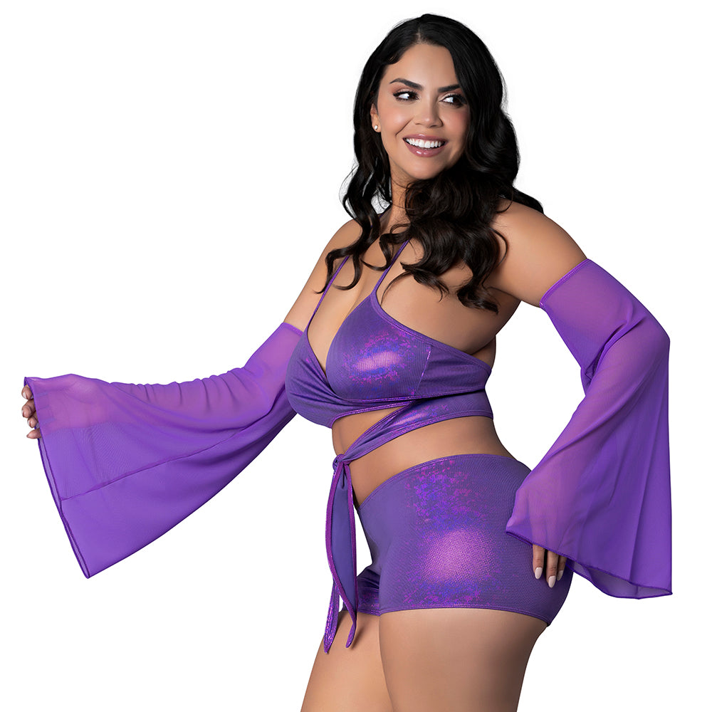 MAGIC SILK - GLIMMER WRAP BRALETTE, BOOTY SHORTS & SLEEVE SET DISCO