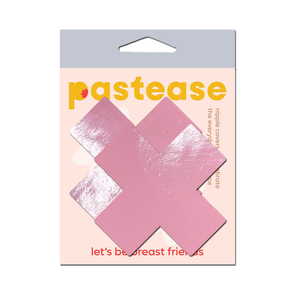 PASTEASE - PLUS X: FAUX LATEX PLEATHER VINYL BABY PINK CROSS PASTIES