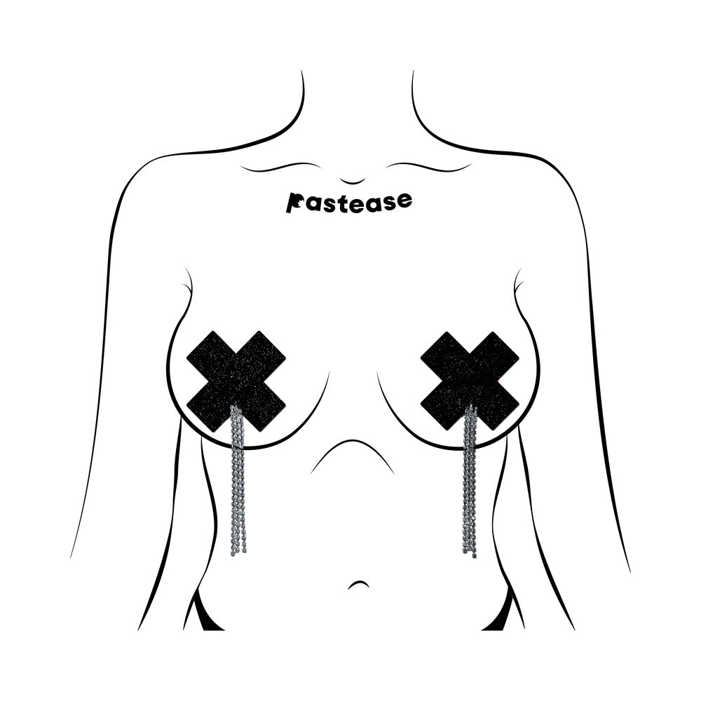PASTEASE - TASSEL PASTIES: BLACK SPARKLE PLUS X WITH LONG RHINESTONE TASSEL