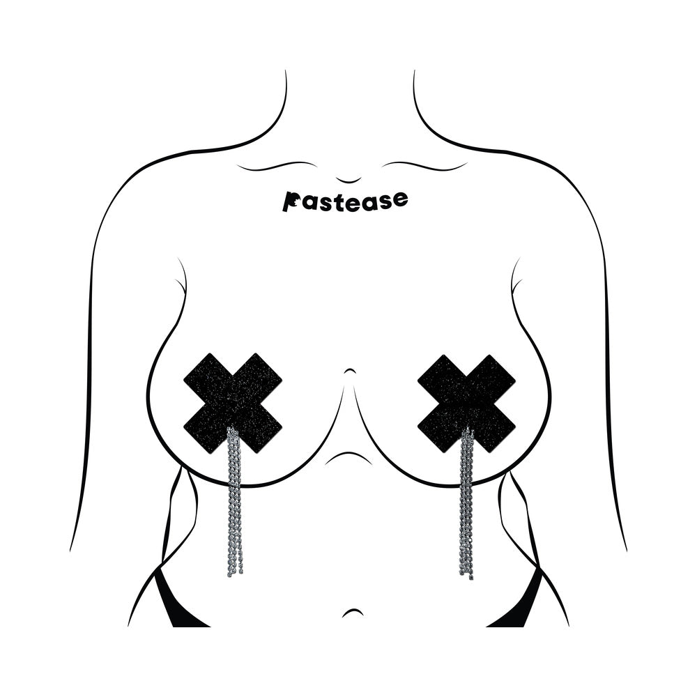PASTEASE - TASSEL PASTIES: BLACK SPARKLE PLUS X WITH LONG RHINESTONE TASSEL