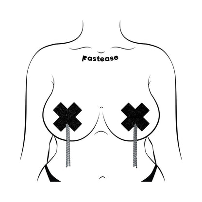 PASTEASE - TASSEL PASTIES: BLACK SPARKLE PLUS X WITH LONG RHINESTONE TASSEL