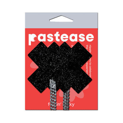 PASTEASE - TASSEL PASTIES: BLACK SPARKLE PLUS X WITH LONG RHINESTONE TASSEL