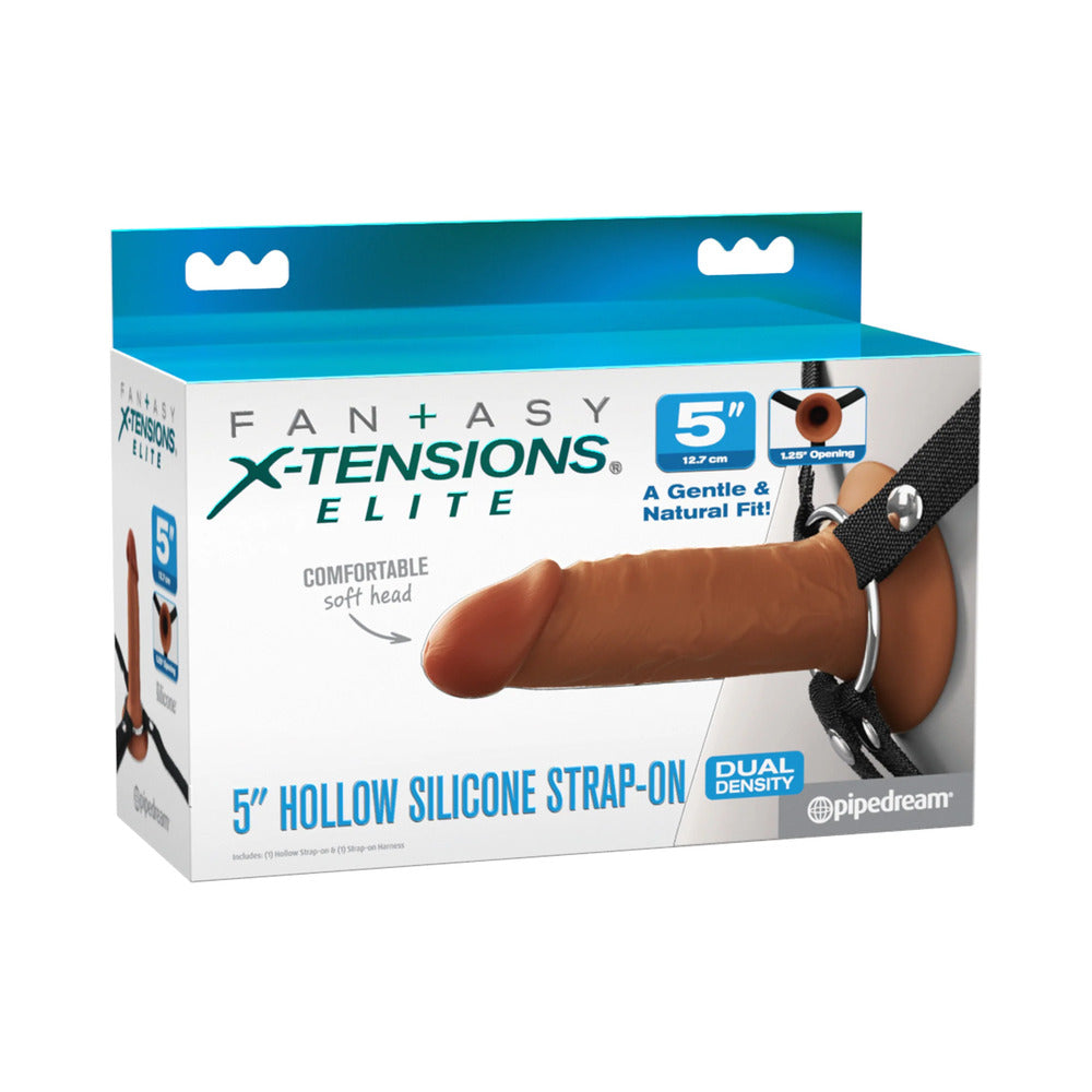 PIPEDREAM - FANTASY X-TENSIONS ELITE SILICONE HOLLOW STRAP-ON DUAL DENSITY 5 IN. BROWN