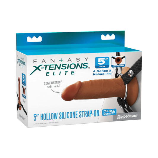 PIPEDREAM - FANTASY X-TENSIONS ELITE SILICONE HOLLOW STRAP-ON DUAL DENSITY 5 IN. BROWN