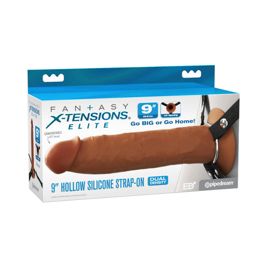 PIPEDREAM - FANTASY X-TENSIONS ELITE SILICONE HOLLOW STRAP-ON DUAL DENSITY 9IN BROWN