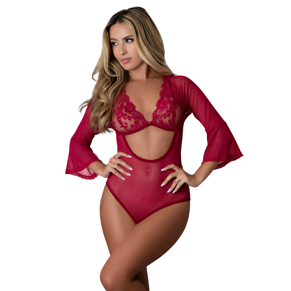 MAGIC SILK - CHERRY 3 4 SLEEVE PLAYSUIT CHERRY