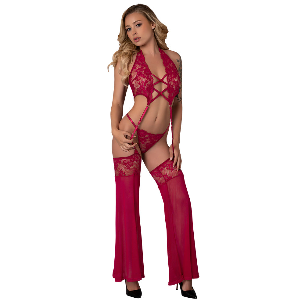 MAGIC SILK - CHERRY PLUNGE TOP WITH REMOVABLE CHAPS & CHEEKY PANTY CHERRY