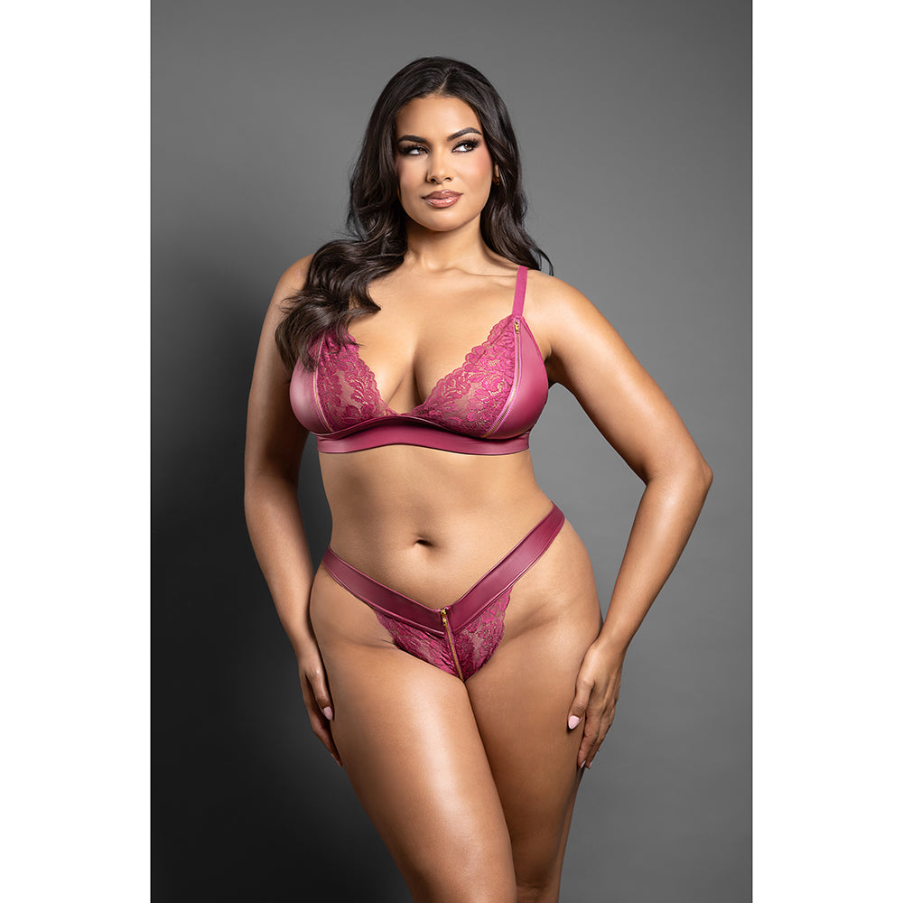 FANTASY LINGERIE - CONJUNTO DE BRALETTE E CUECA DOMINA COM DETALHES DE FECHO ECLER BERRY
