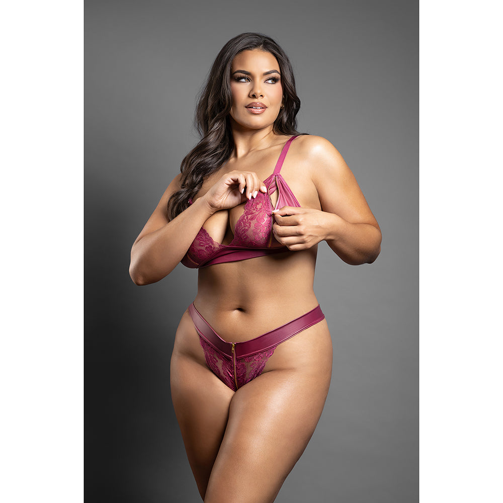 FANTASY LINGERIE - CONJUNTO DE BRALETTE E CUECA DOMINA COM DETALHES DE FECHO ECLER BERRY