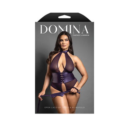 FANTASY LINGERIE - DOMINA OPEN HALTER TEDDY WITH LACE UP DETAIL & BLINDFOLD DEEP