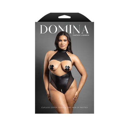 FANTASY LINGERIE - DOMINA CUPLESS HIGH NECK HALTER TEDDY WITH ZIPPER DETAIL & PASTIES
