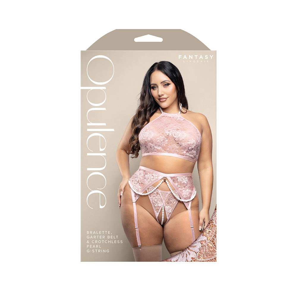 FANTASY LINGERIE - OPULENCE PEARL HALTER BRALETTE GARTER BELT & CROTCHLESS PEARL G STRING