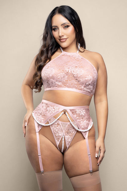 FANTASY LINGERIE - OPULENCE PEARL HALTER BRALETTE GARTER BELT & CROTCHLESS PEARL G STRING
