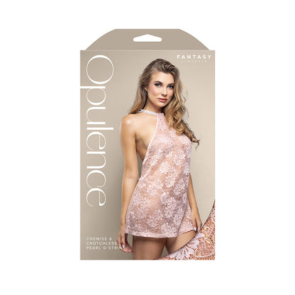 FANTASY LINGERIE - OPULENCE PEARL DRAPED OPEN BACK HALTER CHEMISE & CROTCHLESS PEARL G-STRING