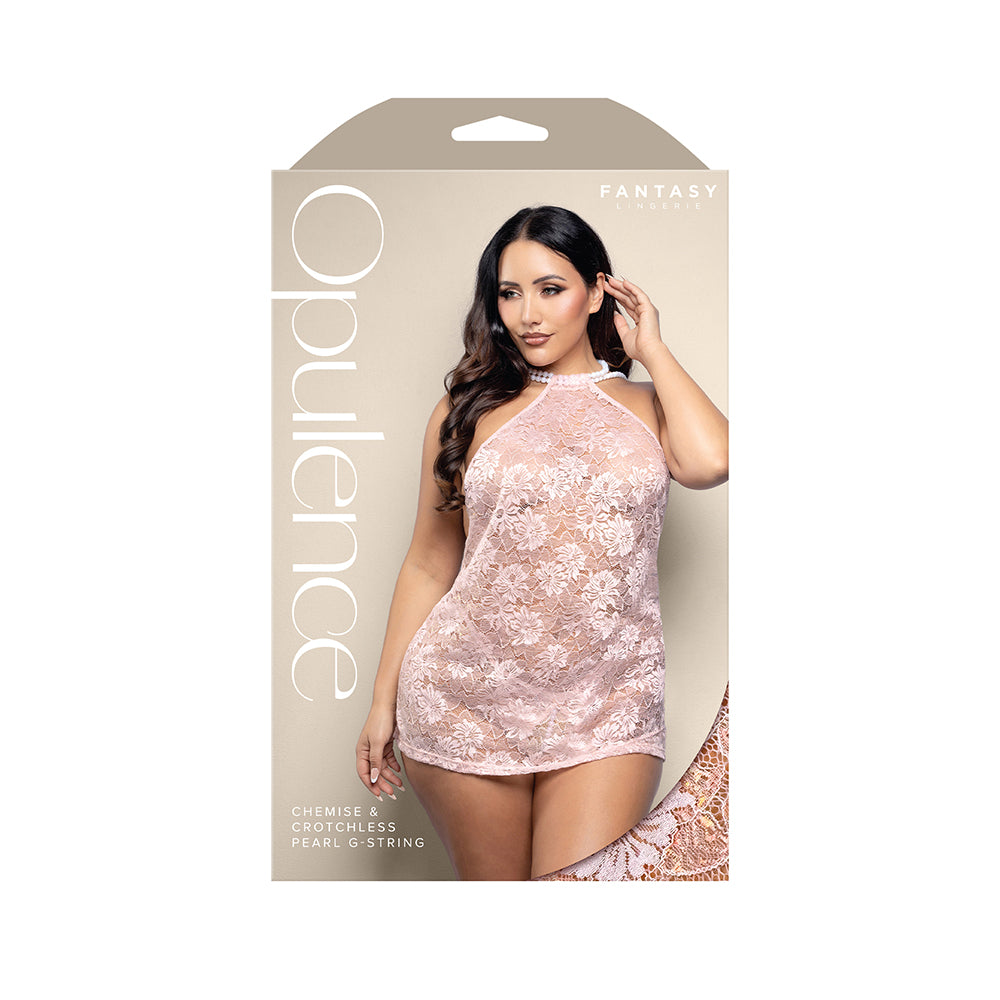 FANTASY LINGERIE - OPULENCE PEARL DRAPED OPEN BACK HALTER CHEMISE & CROTCHLESS PEARL G-STRING