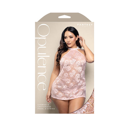 FANTASY LINGERIE - OPULENCE PEARL DRAPED OPEN BACK HALTER CHEMISE & CROTCHLESS PEARL G-STRING