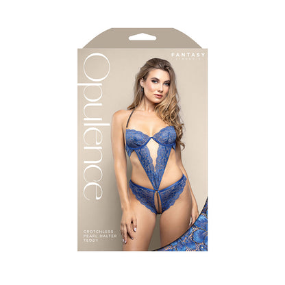 FANTASY LINGERIE - OPULENCE PEARL HALTER OPEN CROTCH TEDDY COM FIO DE PÉROLAS AJUSTÁVEL ROYAL