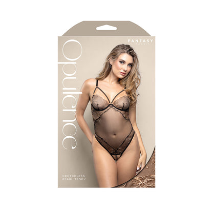 FANTASY LINGERIE - OPULENCE CROTCHLESS PEARL CAGE NECKLINE TEDDY WITH ADJUSTABLE PEARL G-STRING