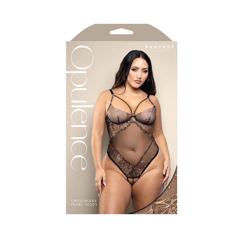 FANTASY LINGERIE - OPULENCE CROTCHLESS PEARL CAGE NECKLINE TEDDY WITH ADJUSTABLE PEARL G-STRING