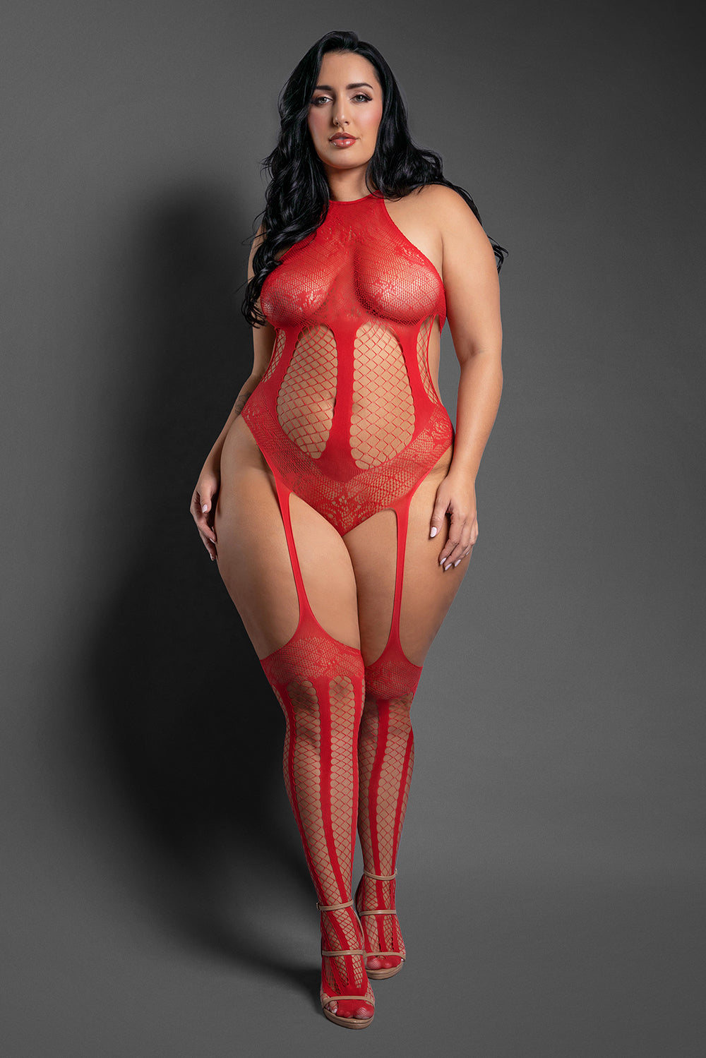 LINGERIE DE FANTASIA - BODY DE REDE HALTER COM COSTAS DESCOBERTAS E CORTES LATERAIS