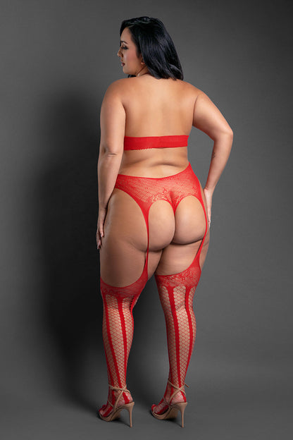 LINGERIE DE FANTASIA - BODY DE REDE HALTER COM COSTAS DESCOBERTAS E CORTES LATERAIS