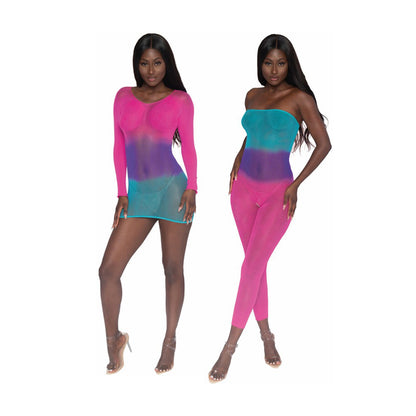 DREAMGIRL - BODYSTOCKING DE REDE OMBRÉ REVERSÍVEL ARCO-ÍRIS NEON TAMANHO ÚNICO