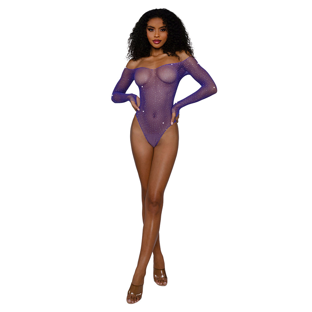 DREAMGIRL - RHINESTONE OFF-SHOULDER BODYSTOCKING TEDDY ULTRA VIOLET O/S