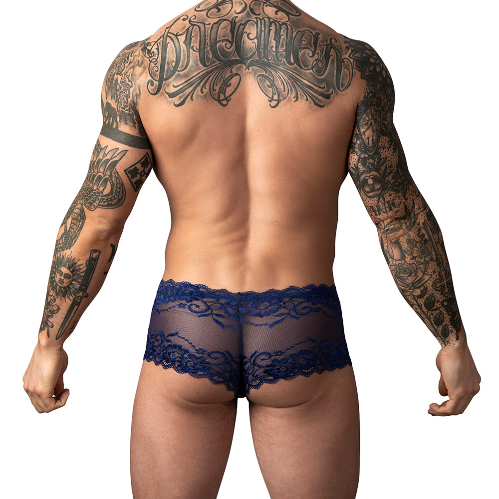 MALE POWER - CALÇÕES CURTOS EM RENDA ATREVIDA COM BOLSA TRANSPARENTE