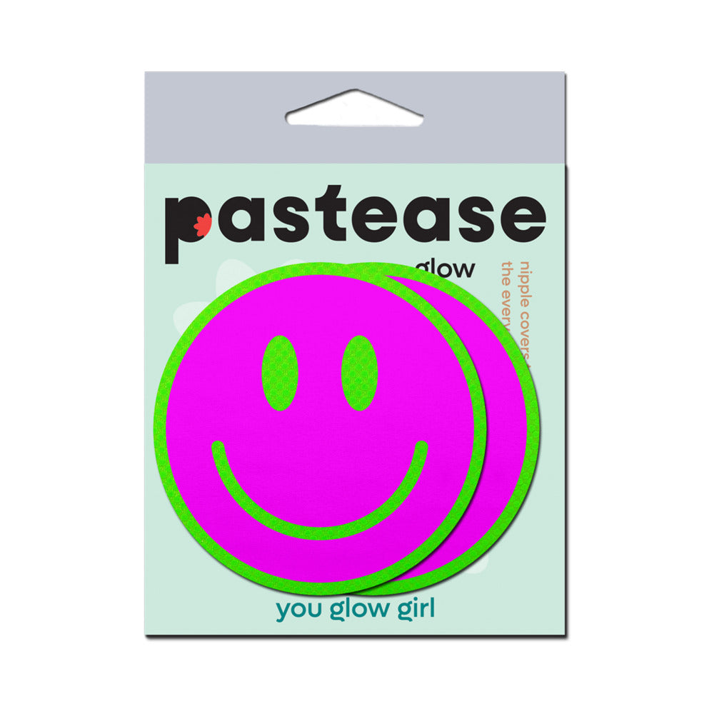 PASTEASE - COBRE-MAMILOS EM FORMA DE CARA SMILING COR-DE-ROSA QUE BRILHA NO ESCURO VERDE NEON