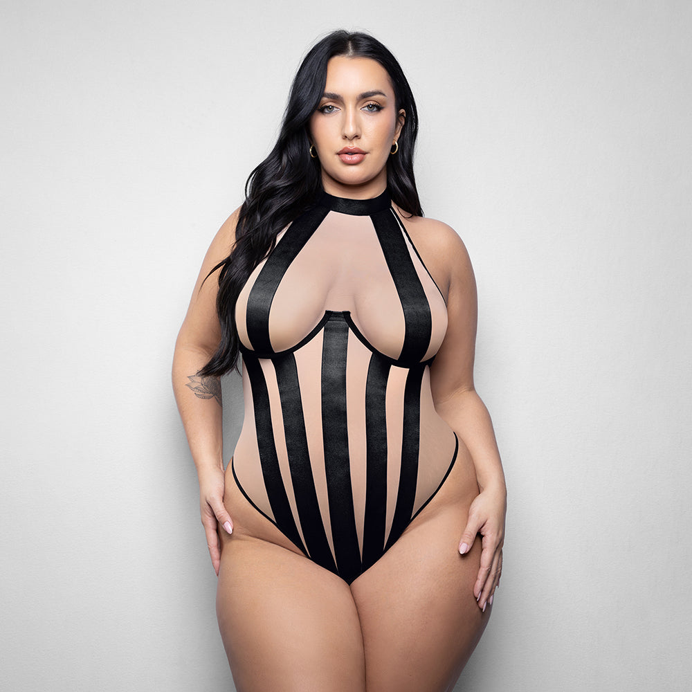FANTASY LINGERIE - ELUSIVE VERENA HIGH NECK TEDDY WITH STRIPE DETAIL XL/2XL
