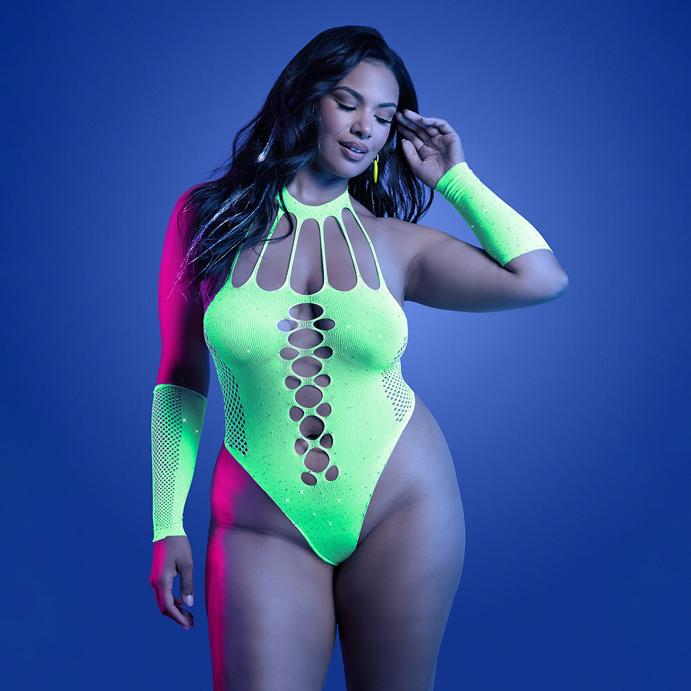 FANTASY LINGERIE - GLOW PRESSURE POINT UV RHINESTONE KNIT TEDDY E LUVAS A COMBINAR TAMANHO QUEEN