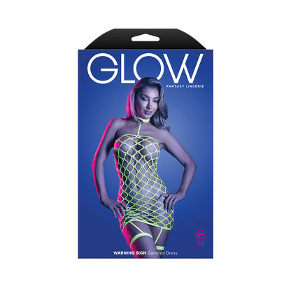 FANTASY LINGERIE - GLOW WARNING SIGN GARTERED DRESS RHINESTONE FISHNET O/S