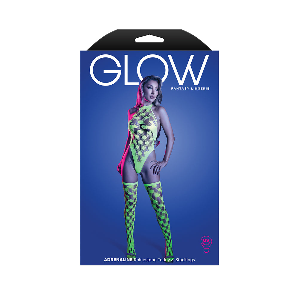 FANTASY LINGERIE - GLOW ADRENALINE HALTER TEDDY & STOCKINGS EM REDE COM STRASS O/S
