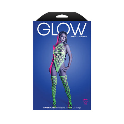FANTASY LINGERIE - GLOW ADRENALINE HALTER TEDDY & STOCKINGS EM REDE COM STRASS O/S
